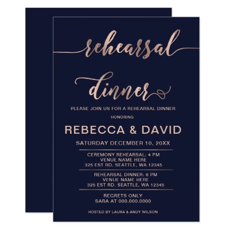 Navy and Rose Gold Elegant Script Rehearsal Dinner Invitation