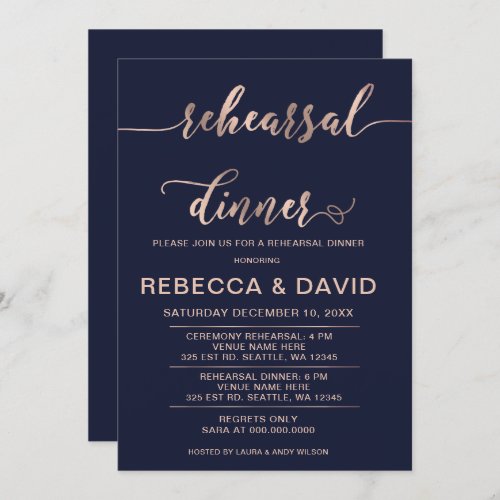 Navy and Rose Gold Elegant Script Rehearsal Dinner Invitation