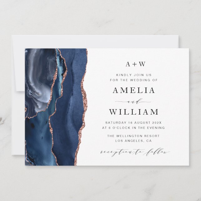 navy and rose gold wedding invitation (Front)
