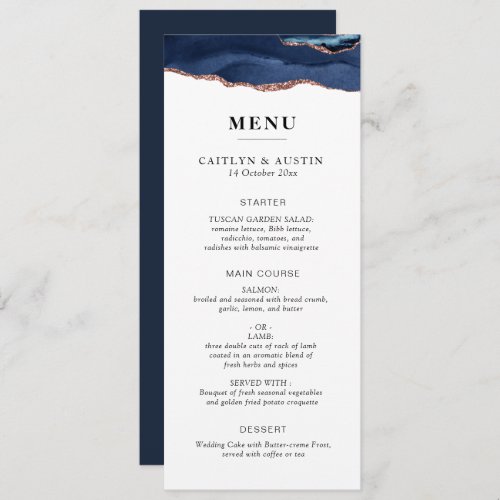 Navy and rose gold wedding menu