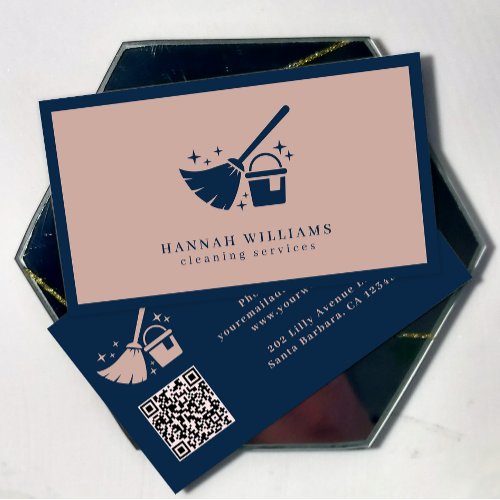 Navy And Rose Pink Cleaning Services QR code  Business Card