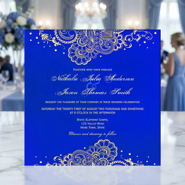 sachin and babi light blue dress Jasmine Royal Blue Lace Wedding Dress with Sleeves main image 0