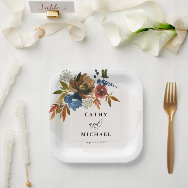 Navy and Rust Boho Floral Customized Dessert Paper Plates (Wedding)