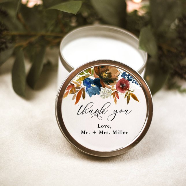 Navy and Rust Boho Floral Wedding Favor Classic Round Sticker (Creator Uploaded)