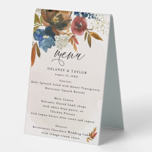 Navy and Rust Boho Floral Wedding Menu  Thank You Table Tent Sign