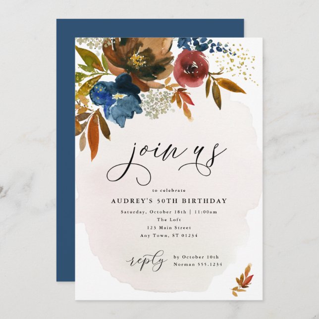 Navy and Rust Boho Flowers Birthday Invitation (Front/Back)