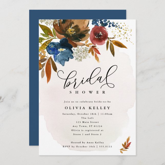 Navy and Rust Boho Flowers Bridal Shower Invitation (Front/Back)