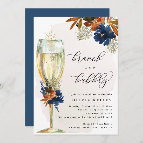 Navy and Rust Boho Flowers Brunch and Bubbly Invitation