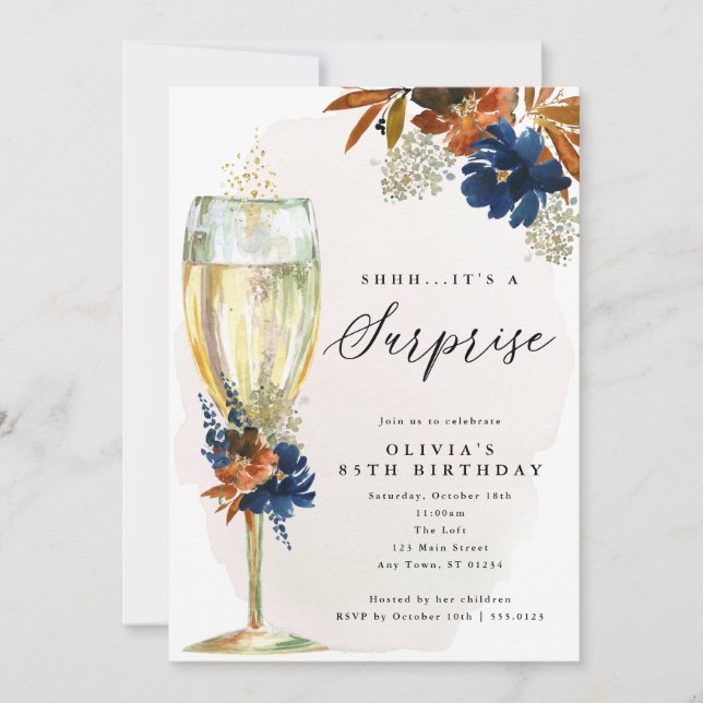 Navy and Rust Boho Flowers Surprise Party Invitation (Front)