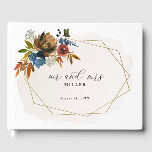Navy and Rust Watercolor Boho Floral Customized Guest Book