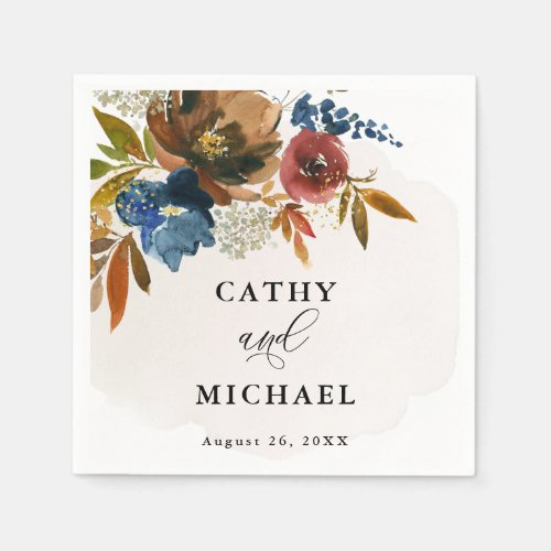Navy and Rust Watercolor Boho Floral Customized Napkins