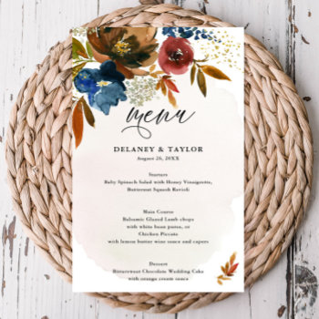 Navy And Rust Watercolor Boho Floral Paper Menu by FancyShmancyNotes at Zazzle