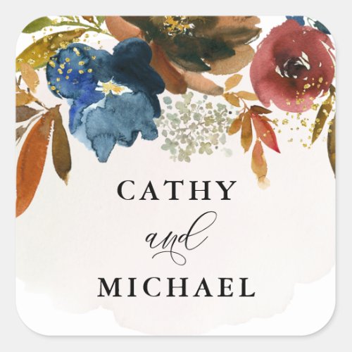 Navy and Rust Watercolor Boho Floral Square Sticker