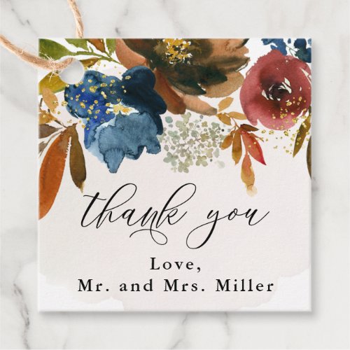 Navy and Rust Watercolor Boho Wedding Floral Favor Tags