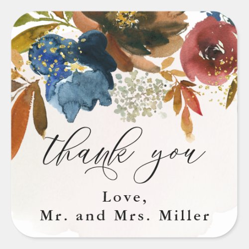 Navy and Rust Watercolor Boho Wedding Floral Square Sticker