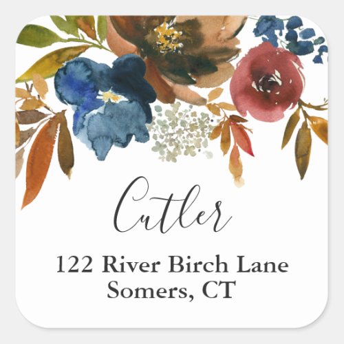 Navy and Rust Watercolor Floral Return Address Square Sticker