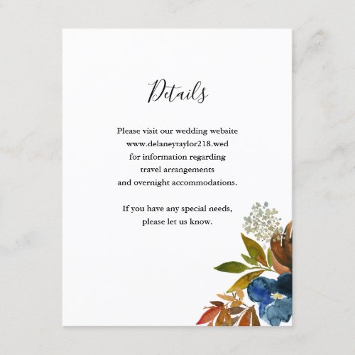 Navy and Rust Watercolor Floral Wedding Detail Enclosure Card