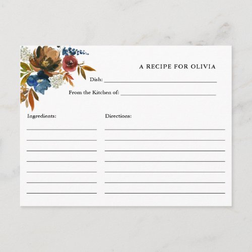 Navy and Rust Watercolor Flowers White Recipe Card