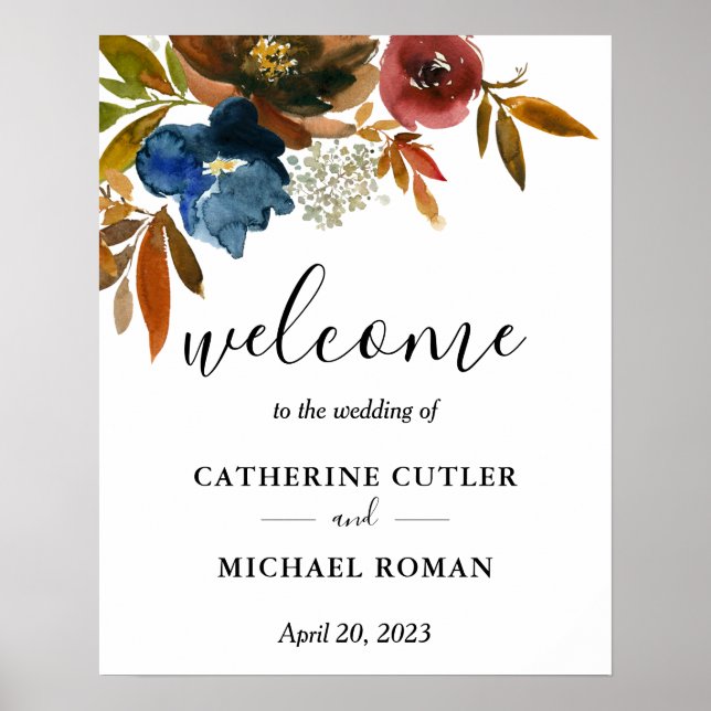 Navy and Rust Watercolor Wedding Welcome Poster (Front)