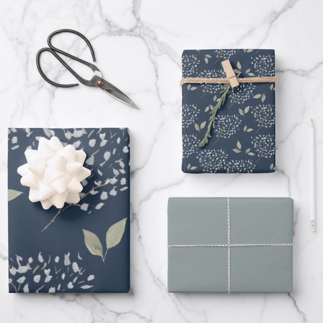 Navy and Sage Floral Wrapping Paper Sheets (Front)