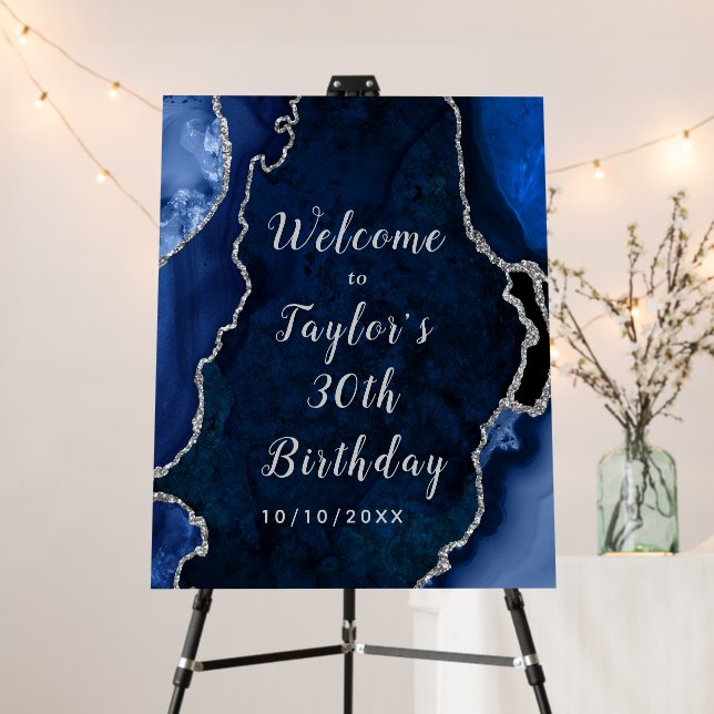 Navy and Silver Agate Birthday Welcome Foam Board (In Situ (Stand))