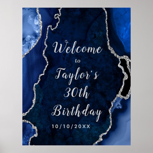 Navy and Silver Agate Birthday Welcome Poster