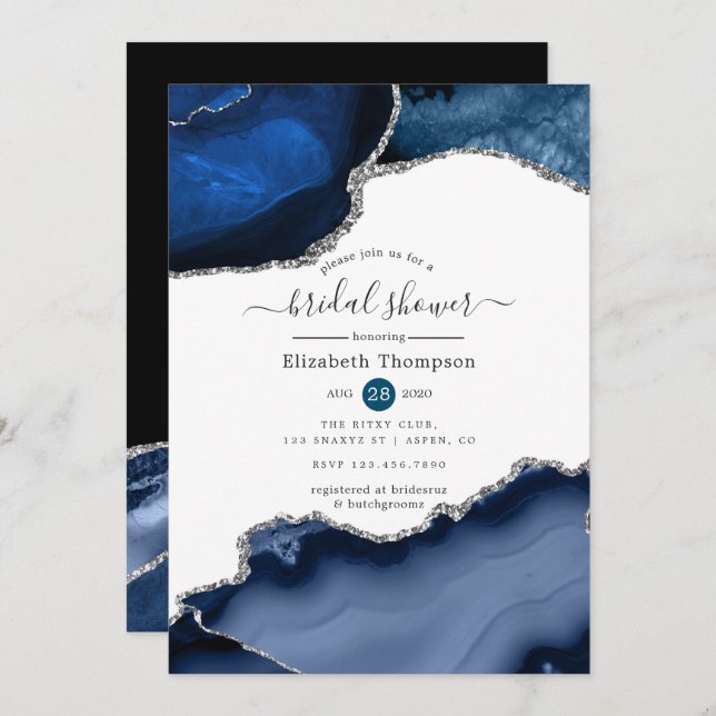 Navy and Silver Agate Bridal Shower Invitation (Front/Back)
