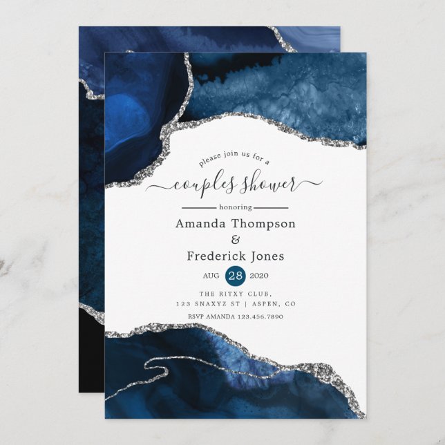Navy and Silver Agate Couples Shower Invitation (Front/Back)