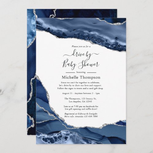 Navy and Silver Agate Drive By Shower Invitation