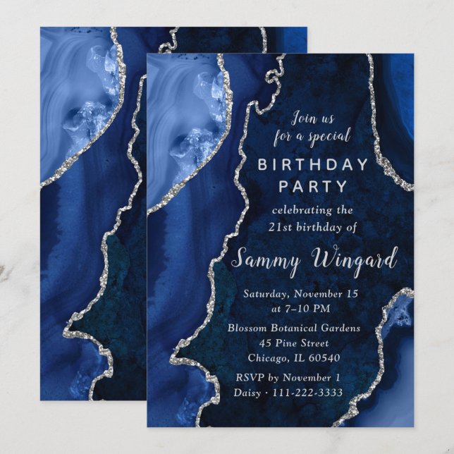 Navy and Silver Agate Marble 21st Birthday Party Invitation (Front/Back)