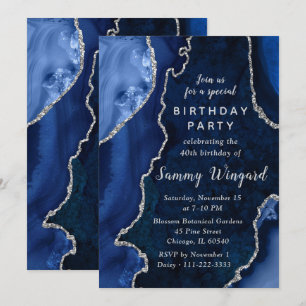 Navy and Silver Agate Marble 40th Birthday Party Invitation