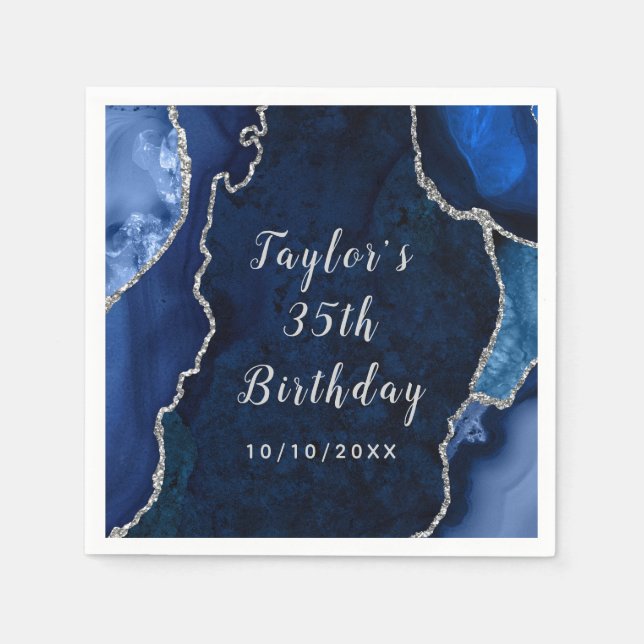 Navy and Silver Agate Marble Birthday Napkins (Front)