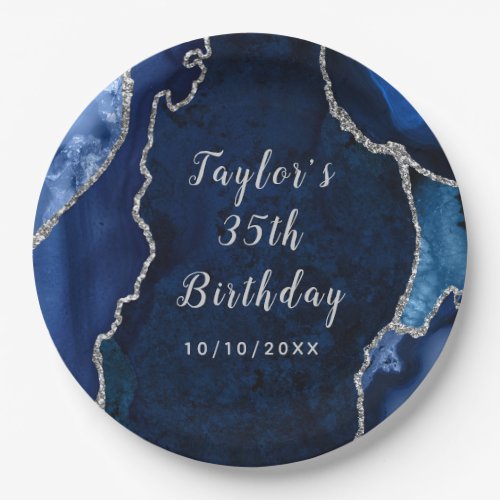 Navy and Silver Agate Marble Birthday Paper Plates