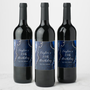 Navy and Silver Agate Marble Birthday Wine Label
