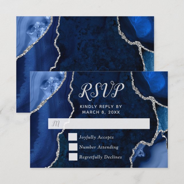Navy and Silver Agate Marble RSVP Card (Front/Back)