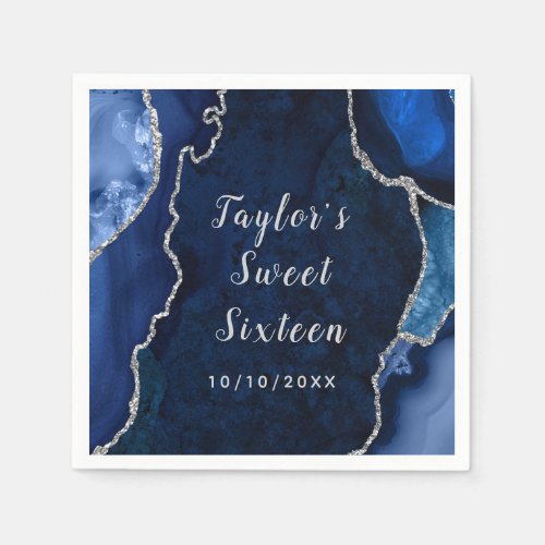 Navy and Silver Agate Marble Sweet Sixteen Napkins