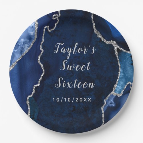 Navy and Silver Agate Marble Sweet Sixteen Paper Plates