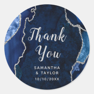 Navy and Silver Agate Marble Thank You Wedding Classic Round Sticker