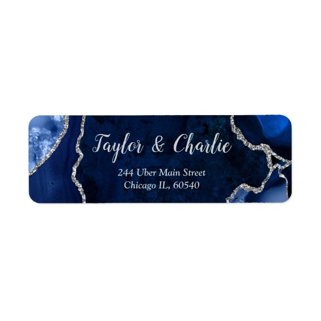 Navy and Silver Agate Marble Wedding Label (Front)