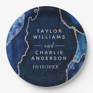 Navy and Silver Agate Marble Wedding Paper Plates