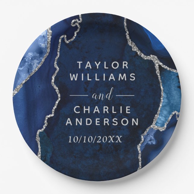 Navy and Silver Agate Marble Wedding Paper Plates (Front)