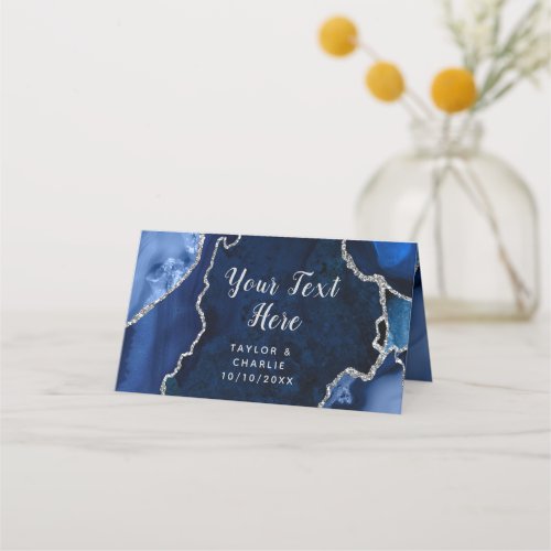 Navy and Silver Agate Marble Wedding Place Card