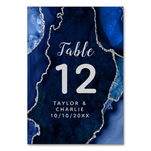 Navy and Silver Agate Marble Wedding Table Number