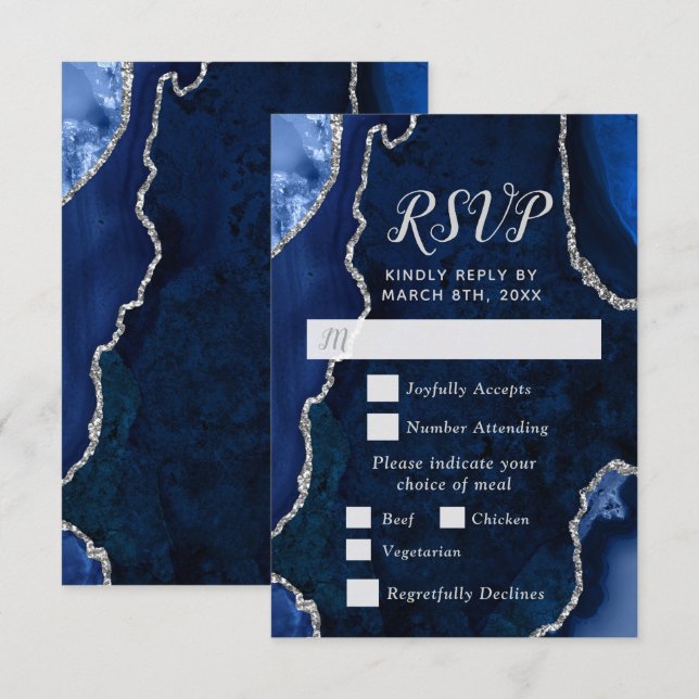 Navy and Silver Agate Meal Choice RSVP Card (Front/Back)