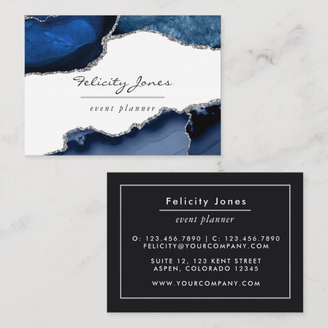 Navy and Silver Agate Precious stone Business Card (Front/Back)