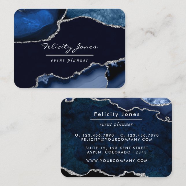 Navy and Silver Agate Precious stone Business Card (Front/Back)