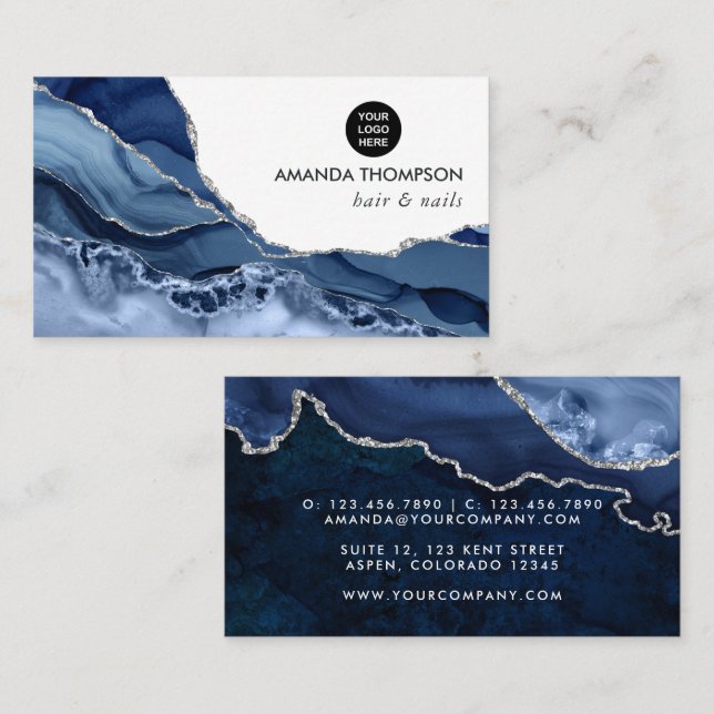 Navy and Silver Agate Precious stone Business Card (Front/Back)