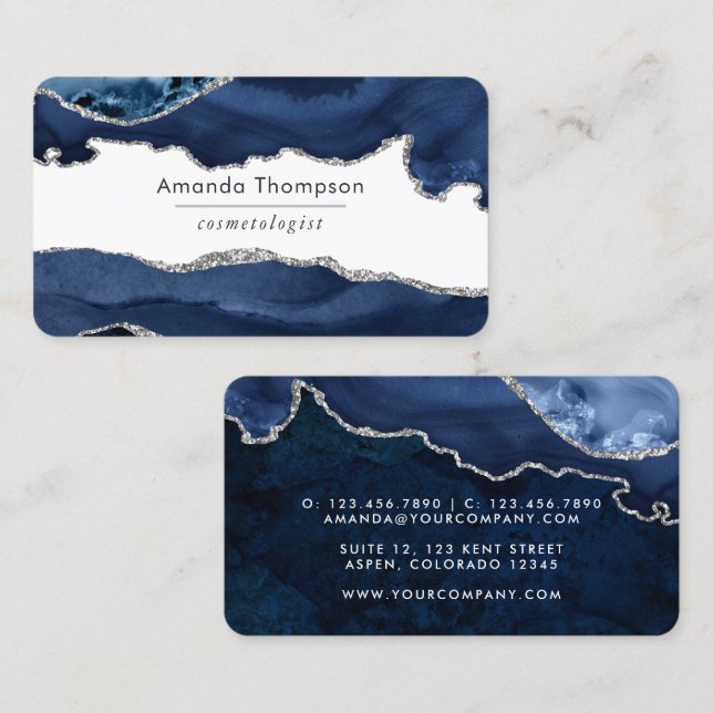 Navy and Silver Agate Precious stone Business Card (Front/Back)