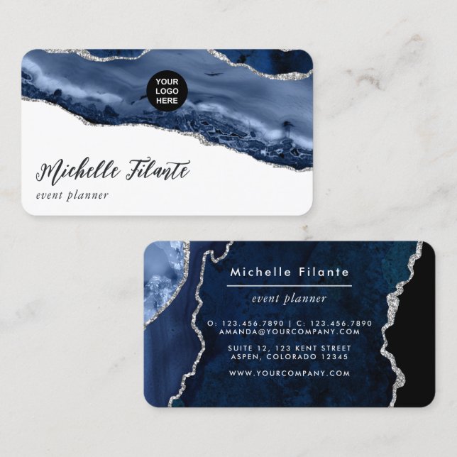 Navy and Silver Agate Precious stone Business Card (Front/Back)