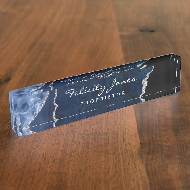 Navy and Silver Agate Precious Stone Desk Name Plate (Side)